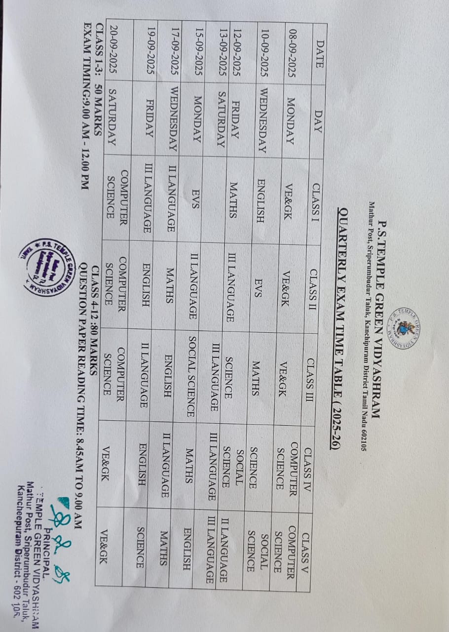 Quarterly Exam Timetable 1